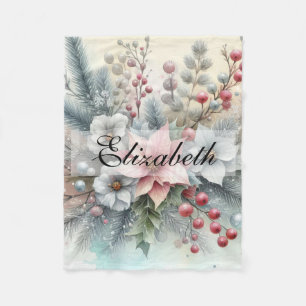 Manta Polar Vintage Watercolor Navidades Floral y Ornamentos