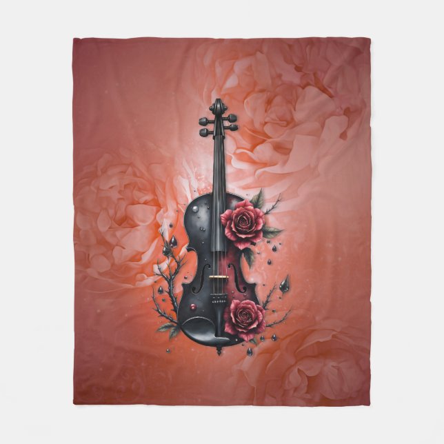 Manta Polar Violín negro gótico con rosas rojas (Anverso)
