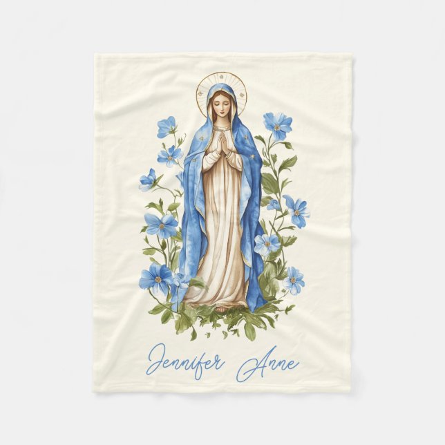 Manta Polar Virgen Católica María Floral Azul (Anverso)