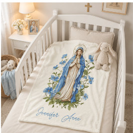 Manta Polar Virgen María Católica Religiosa Floral Azul