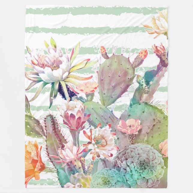 Manta Polar Watercolor Cactus Floral Stripes Design (Anverso)