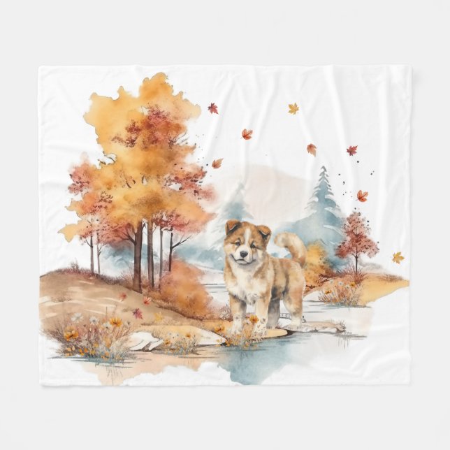Manta Polar Watercolor Cae Dog Design- Akita (Frente (Horizontal))