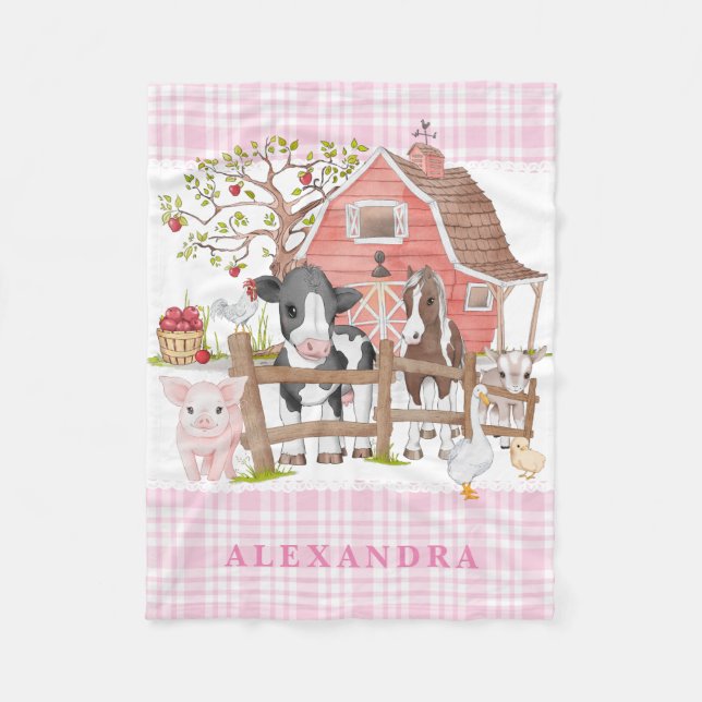 Manta Polar Watercolor Country Farm Animals Baby Girl Nursery (Anverso)