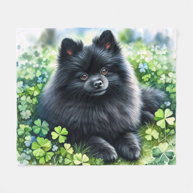 Manta Polar Watercolor Negro Pomerania Verde Shamrock Field (Frente (Horizontal))