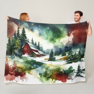 Manta Polar Watercolor Red Barn Winter Scene