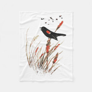 Manta Polar Watercolor Red Wing Blackbird Bird Naturaleza arte