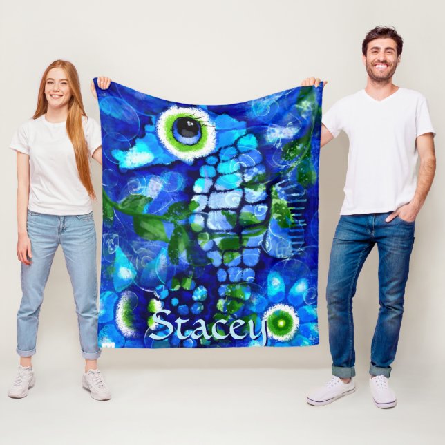 Manta Polar Whimsical Big-Eyes Seahorse Art Blue Personalized (In situ)