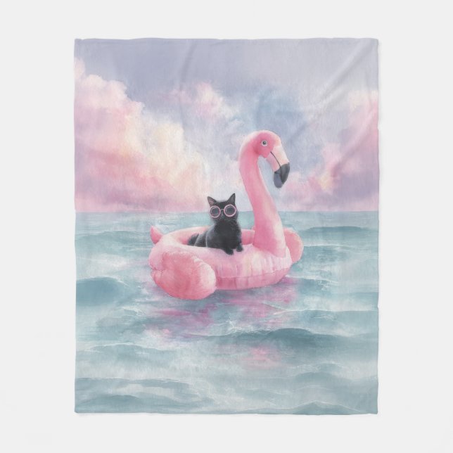 Manta Polar Whimsical Black Cat Flamingo Floket Blanket (Anverso)