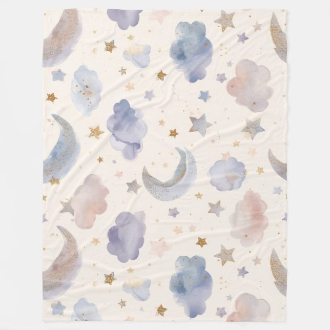 Manta Polar Whimsical Celestial Moon Stars Watercolor Pastels (Anverso)