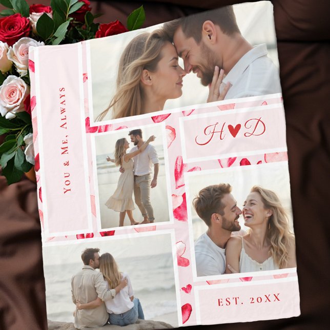 Manta Polar Whimsical Hearts Romantic Chic Photo Collage Gift  (valentine love gift photo collage blanket watercolor hearts bridal birthday anniversary)