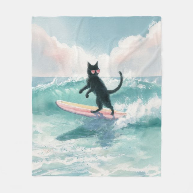 Manta Polar Whimsical Surfing Black Cat Beach Blanket (Anverso)