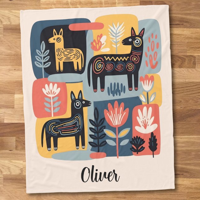 Manta Polar Whimsical Tribal Animals Floral Folk Art (Subido por el creador)