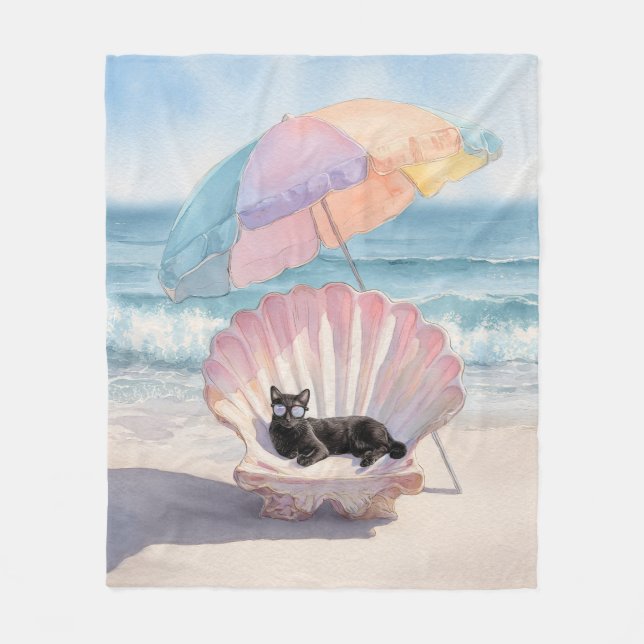 Manta Polar Whimsical Watercolor Cat Beach Blanket (Anverso)