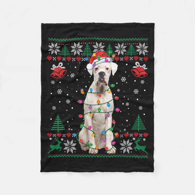 Manta Polar White Boxer Dog Ugly Christmas Sweater Funny Xmas  (Anverso)