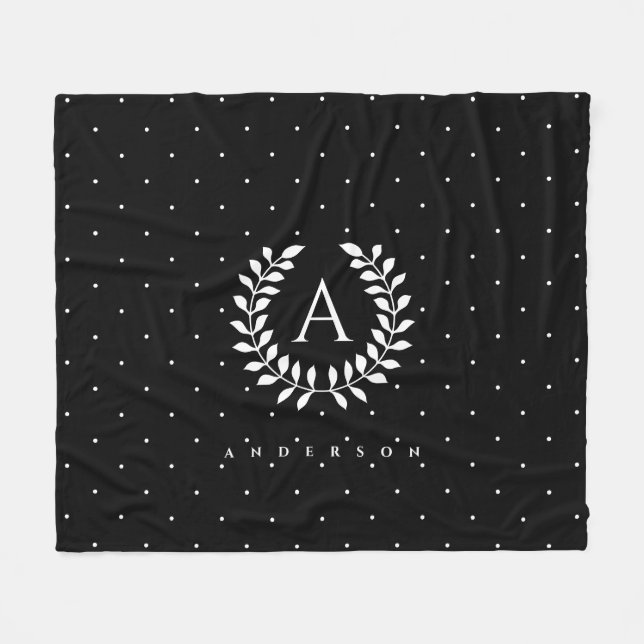 Manta Polar White On Black Laurel Monogram Polka Dot Pattern (Frente (Horizontal))