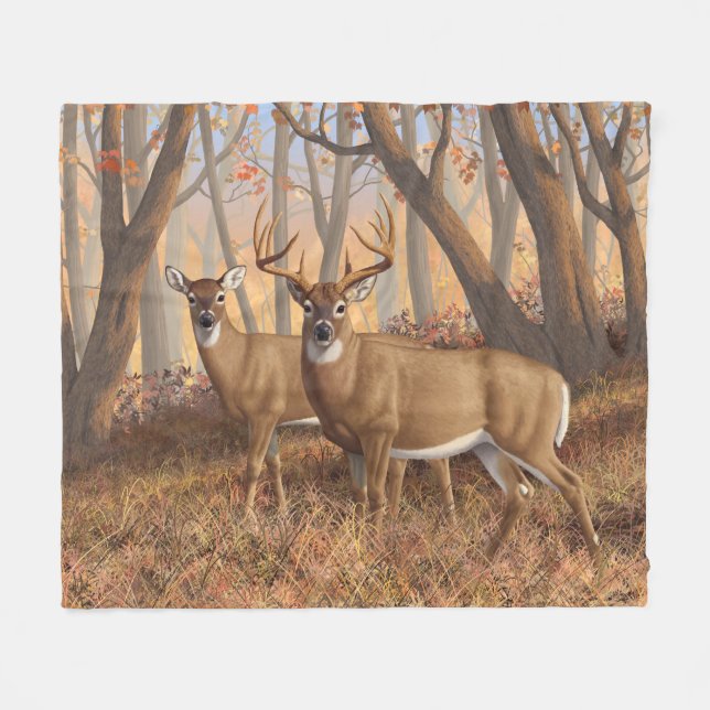 Manta Polar Whitetail Deer Buck & Doe Otumn Maple Woods (Frente (Horizontal))