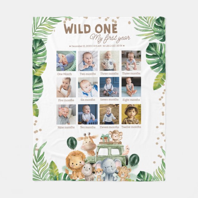 Manta Polar Wild One Safari Birthday 12 Month Photo Collage  (Anverso)