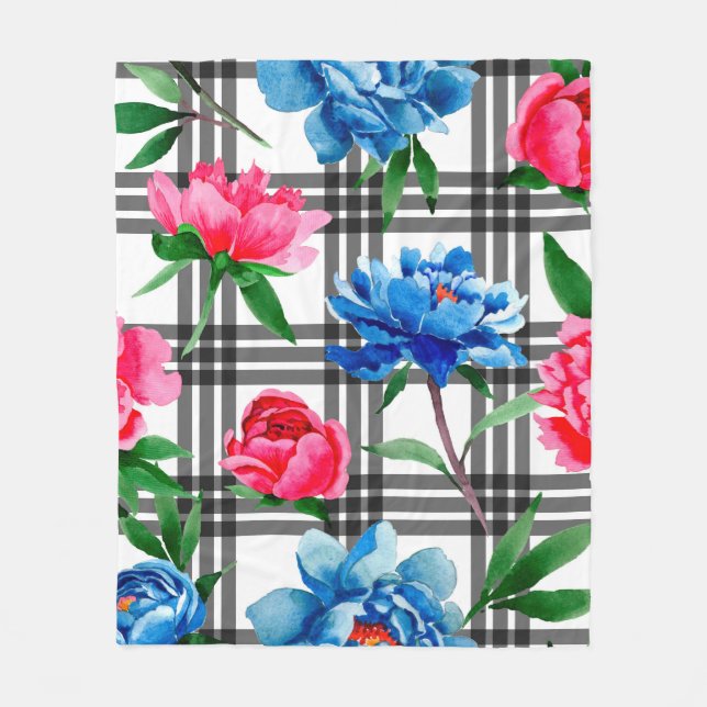 Manta Polar Wildflower red and blue peonies flowers pattern in (Anverso)