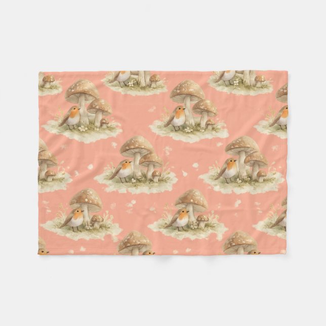 Manta Polar Woodland Robin & Mushroom Watercolor Pattern (Frente (Horizontal))