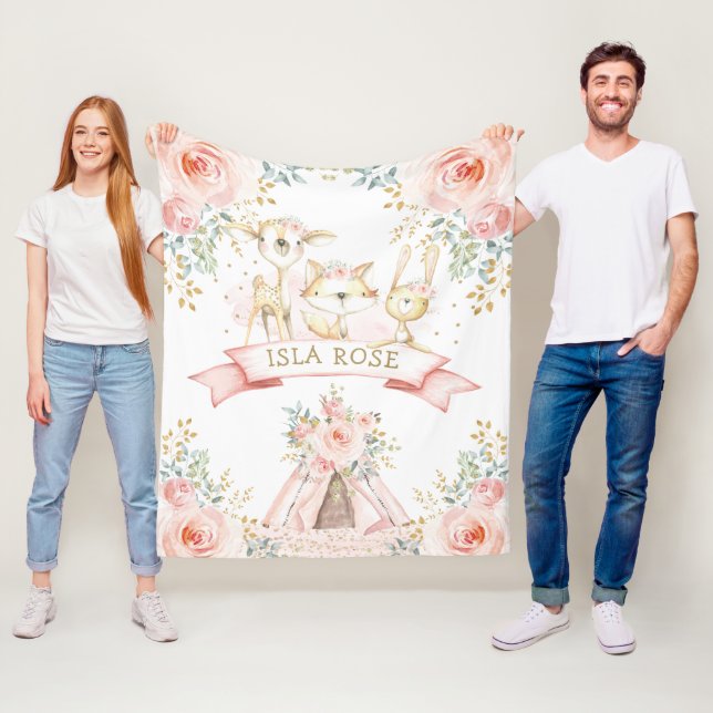 Manta Polar Woodland Rubor Pink Floral Boho Baby Nursery (In situ)