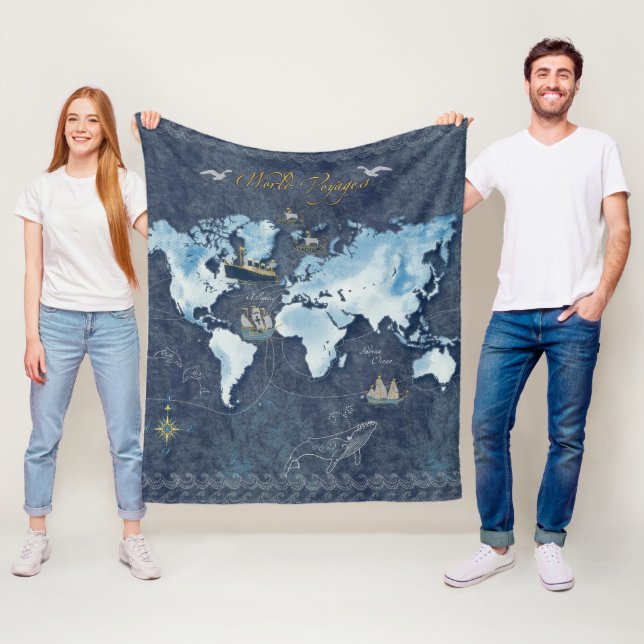 Manta Polar World Voyages Map Fleece Blanket (In situ)