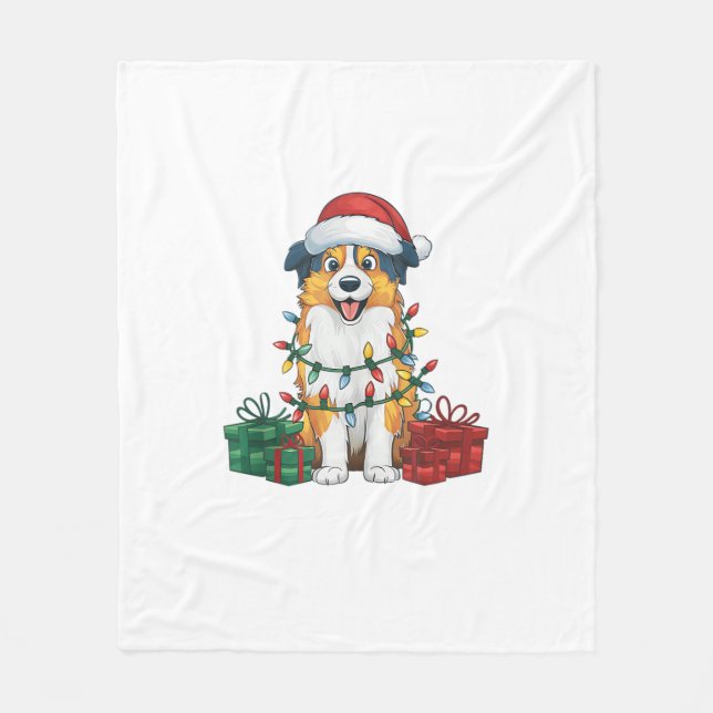 Manta Polar Xmas Iluminando Santa Hat Pastor Australiano Ch (Anverso)