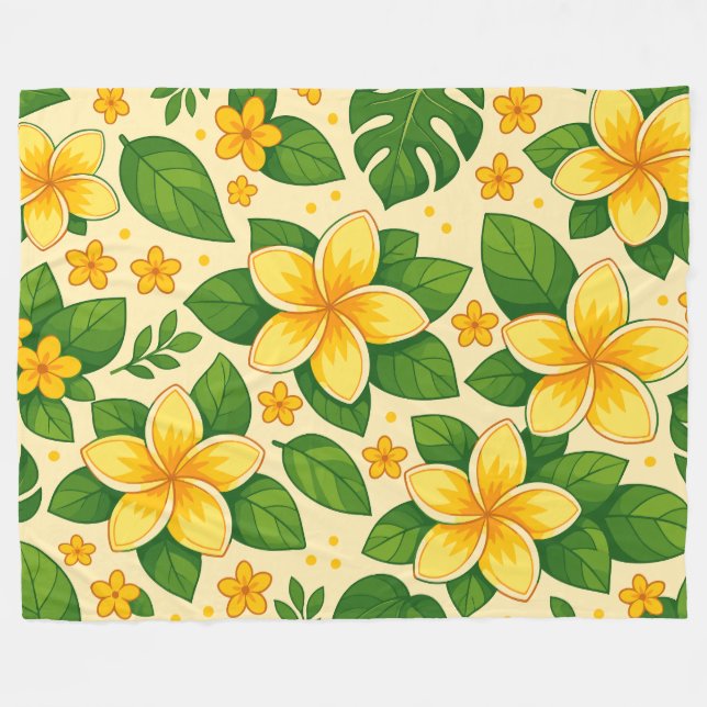 Manta Polar Yellow Tropical Flowers with Lush Green Leaves (Frente (Horizontal))