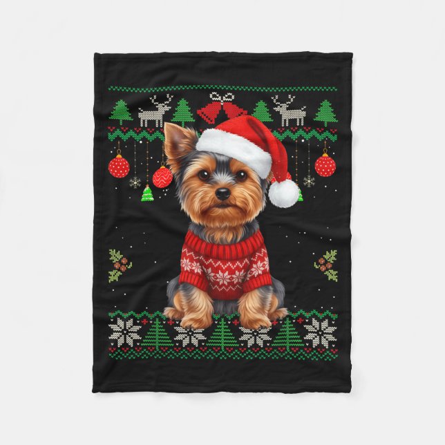 Manta Polar Yorkie Dog Christmas Wearing Ugly Christmas Sweate (Anverso)