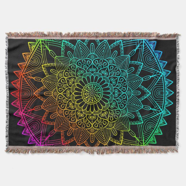 Manta Póster de Mandala de Arcoíris Negro (Anverso)