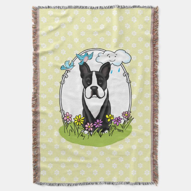 Manta Primavera Flores Boston Terrier Dog (negro) lindo (Frente vertical)