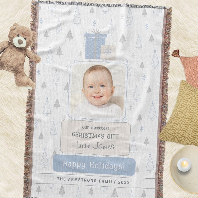 Manta Primera Navidad de Bebé Boho Azul Cielo Foto (Sky Blue Boho Baby's 1st Photo Christmas Throw Blanket ©Susanne Sachers - Sunny Mind 🌞)