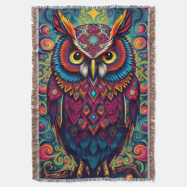 Manta 🌈 Psychedelic Owl Comfort – Boho Animal Throw Art (Frente vertical)