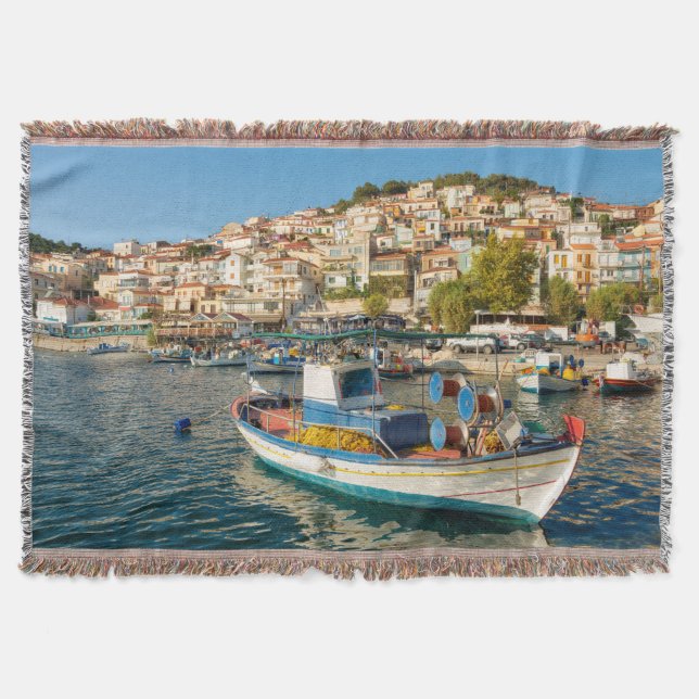 Manta Puerto con barcos de pesca en Plomari, Lesbos, Gre (Anverso)