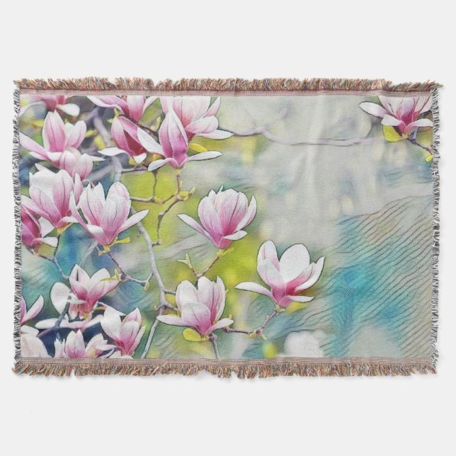 Manta Rama de magnolia rosa fondo azul acuarela (Anverso)