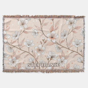 Manta Rama floral de melocotón suave con flores blancas