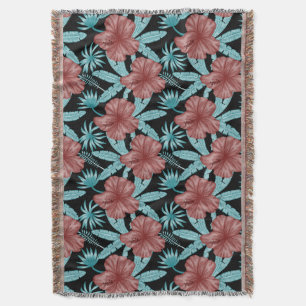 Manta Red flowers tropical seamless pattern &blue leaves