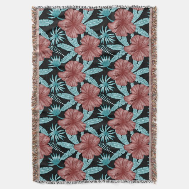Manta Red flowers tropical seamless pattern &blue leaves (Frente vertical)