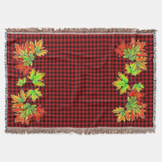 Manta Red plaid con hojas de arce de otoño (Anverso)