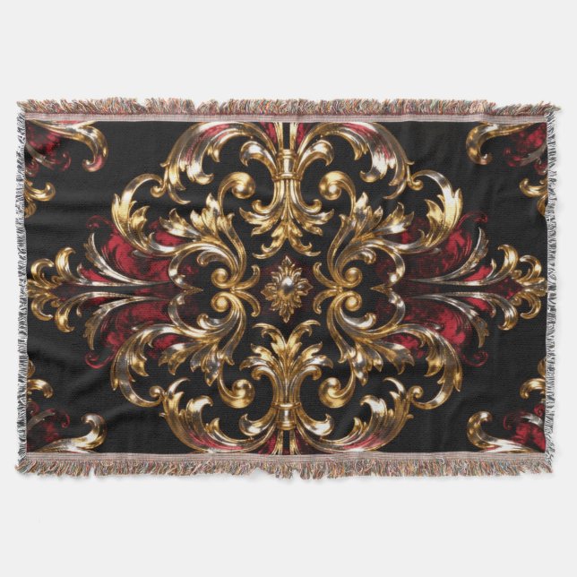 Manta Regal Noir Pattern | Gold Scrollwork & Crimson (Anverso)