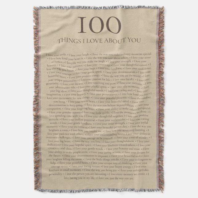 Manta Regalo personalizable de 100 cosas que amo de ti  (Frente vertical)