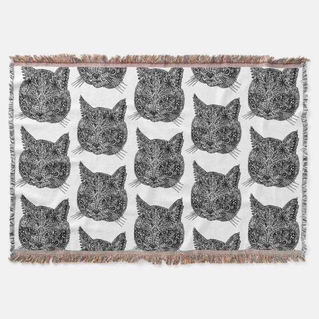Manta Retrato de gato ornamental blanco y negro (Anverso)