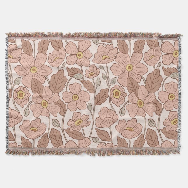 Manta Retro Boho Pink Botanical Illustrated Floral  (Anverso)