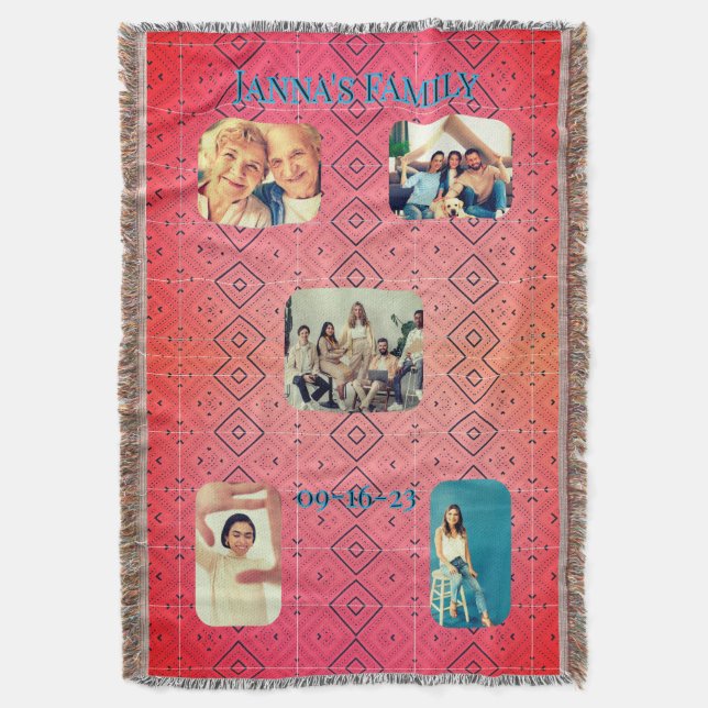 Manta Retro Family Photo Red Diamond Pattern  (Frente vertical)