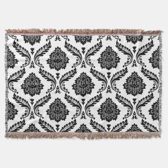 Manta Rococo Damask Gran Patrón Negro sobre Blanco (Anverso)