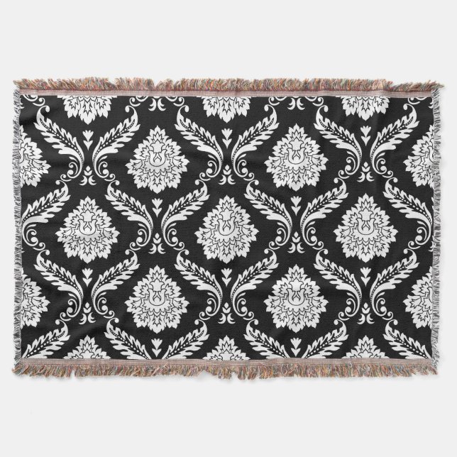 Manta Rococó Damask Patrón Grande Blanco sobre Negro (Anverso)