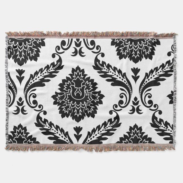 Manta Rococo Damask Patrón Grande Desplazado Negro sobre (Anverso)