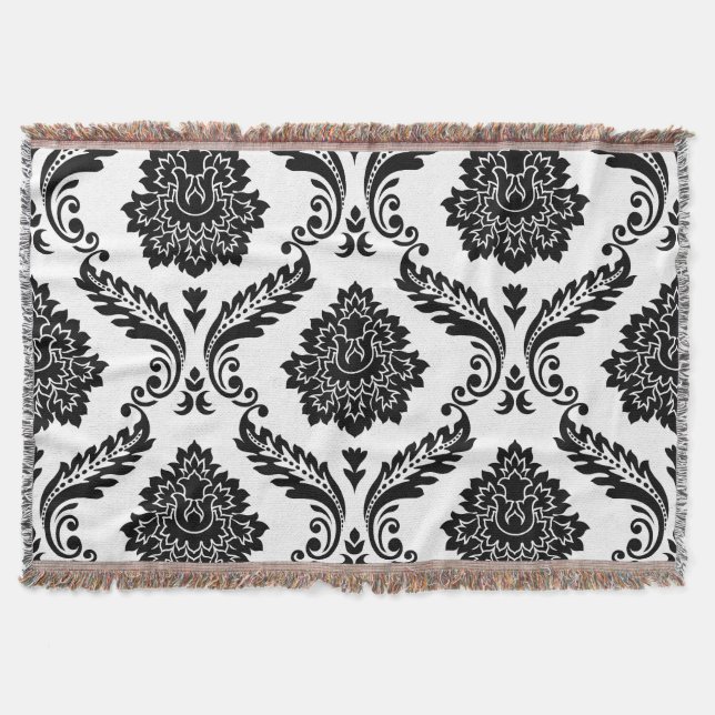 Manta Rococo Damask Patrón Grande Negro sobre Blanco (Anverso)