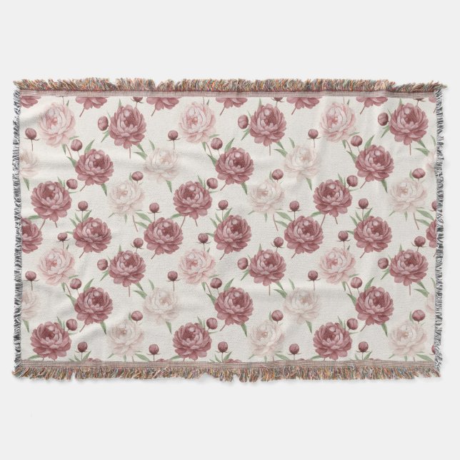 Manta Romantic Blush & Burgundy Peony Floral Pattern (Anverso)