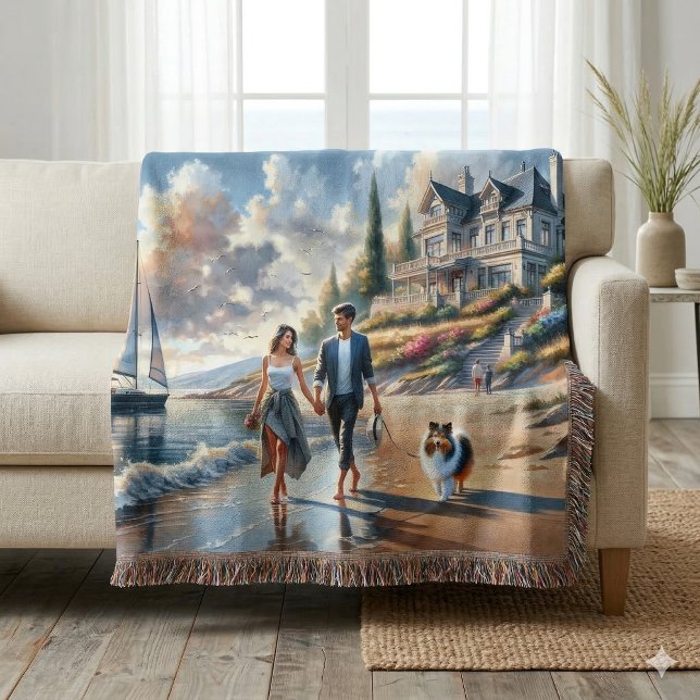 Manta Romantic Coastal Cottage Sunset Stroll (Romantic Coastal Cottage Sunset Stroll Throw Blanket Draped Over Sofa)