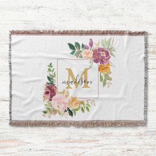 Manta Rosa floral botánica elegante de acuarela con mono